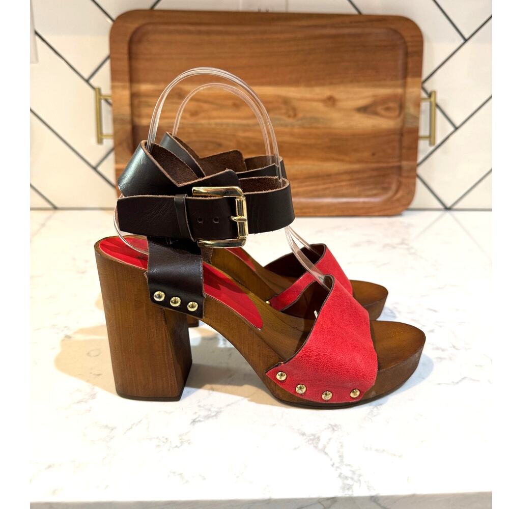 Prima Donna red brown leather wooden studded heel size 35 bohemian summer